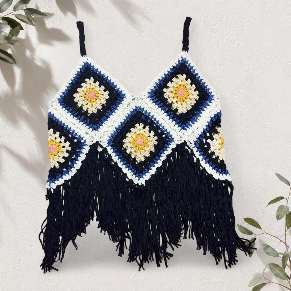 Miracle Black Crochet Fringe Halter Top Granny Square Boho Festival M/L NEW